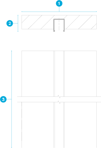 Architectural diagram of a storefront: hatched overhead panel, central doorway, and lower double doors with measurement lines labeled 1–3.
