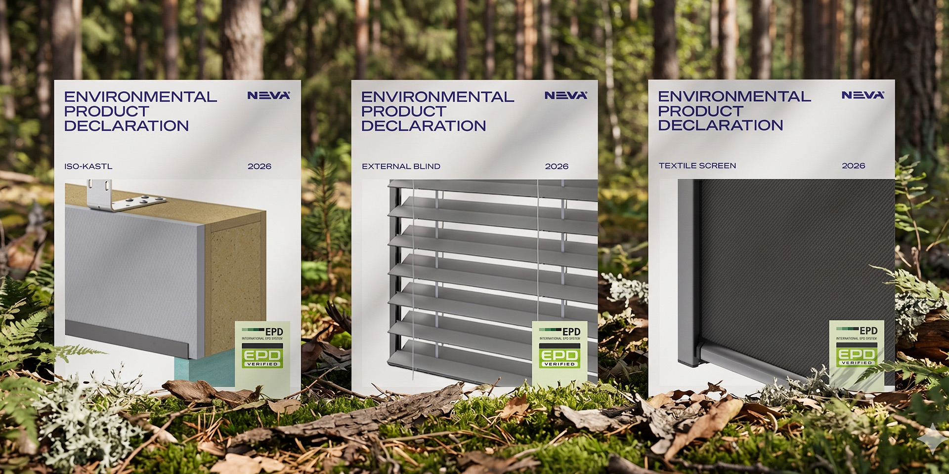 Three white posters labeled Environmental Product Declaration in a forest setting, showing sample building materials (panel, blind, textile screen) with EPD stamps nearby