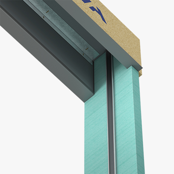 Cross-section of a door/window frame showing a metal header, foam insulation, and turquoise jamb.