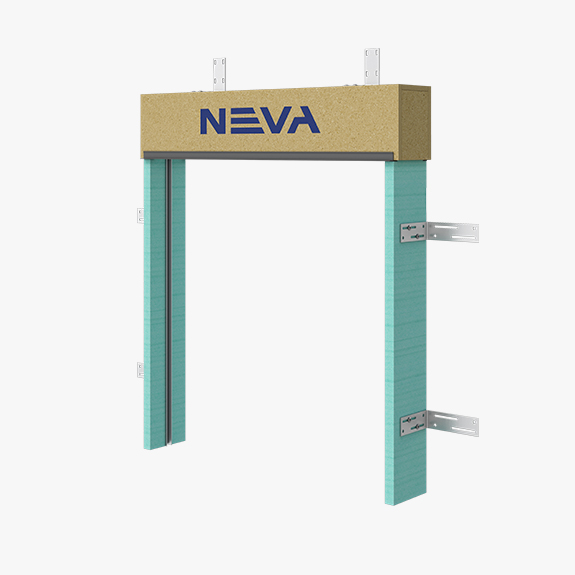 Doorway frame prototype with teal vertical posts, a brown header labeled NEVA, and metal mounting brackets on the sides.