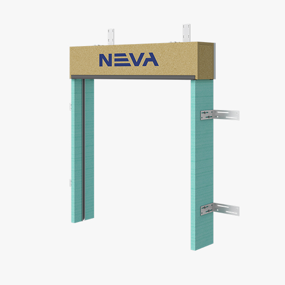 Construction doorway frame formwork with turquoise legs, a wooden NEVA header, and metal brackets.