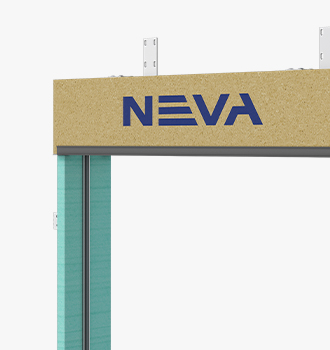 Signboard with the NEVA logo mounted on a cork panel above a teal metal beam.
