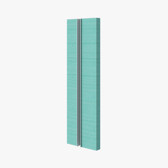 Two turquoise foam weatherstrips with a slim metal strip along the edge, shown vertical for a door seal.