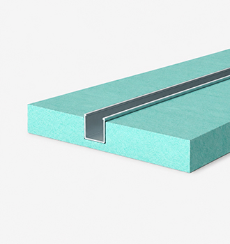 Cross-section of turquoise foam insulation board with a silver metal edge channel inserted along the edge.