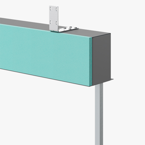 Turquoise fabric-covered panel mounted on a gray metal frame with a metal bracket on top.