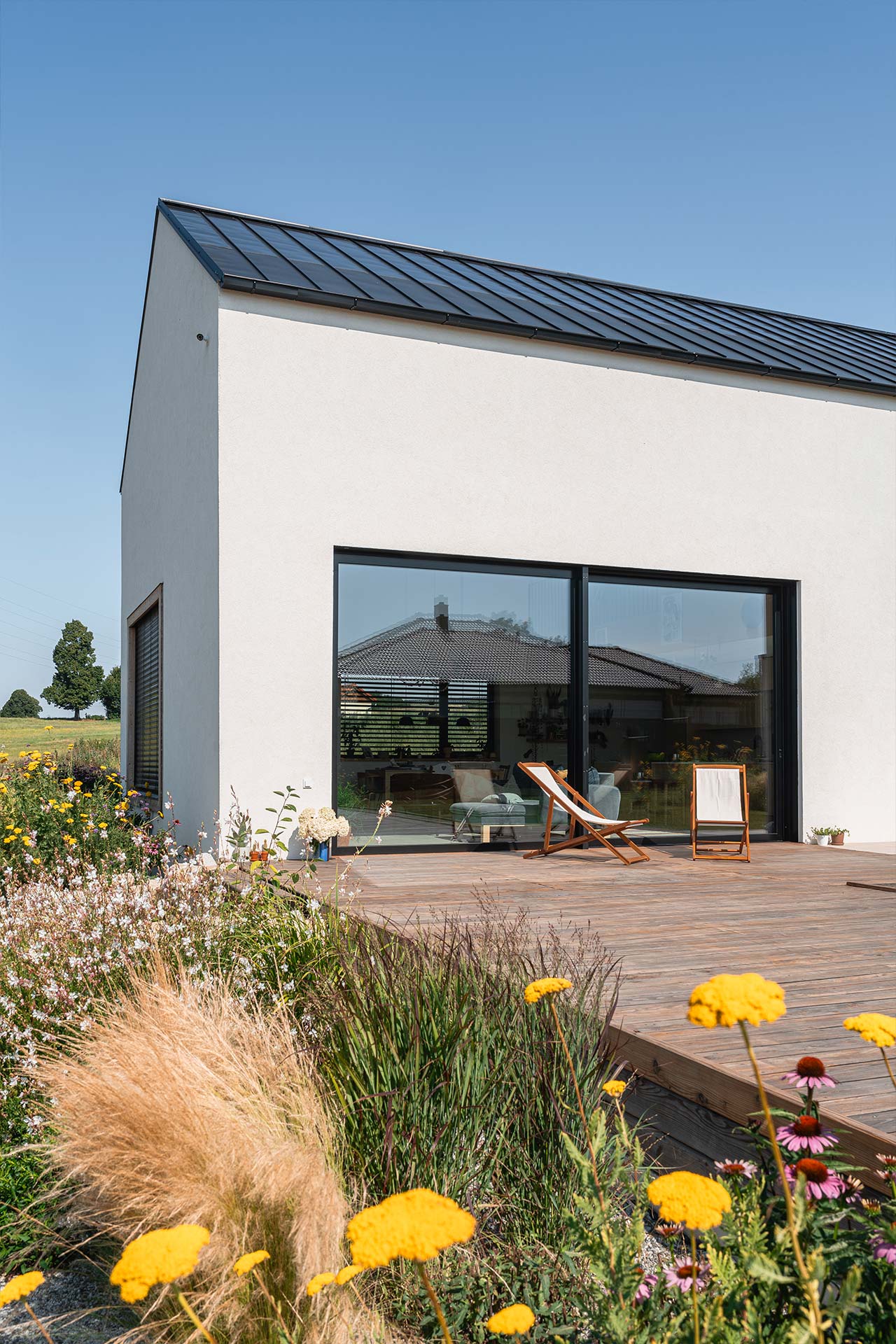 Modern house exterior with large glass doors opening to a wooden deck and a sunny garden with yellow flowers and ornamental grasses