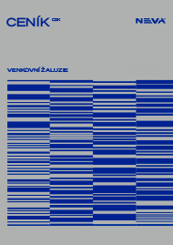 Outdoor blinds price sheet with a blue bar-code style grid on a gray background; logos 'CENÍK' and 'NEVA' appear at the top.