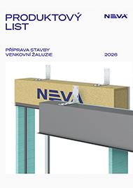 Cover of a product data sheet for outdoor blinds, showing metal frame components and the NEVA logo.