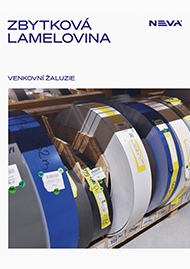 Rolls of exterior venetian blind slats on display in blue, white, and gray, with brand names Zbytková lamelovina and NEVA visible.